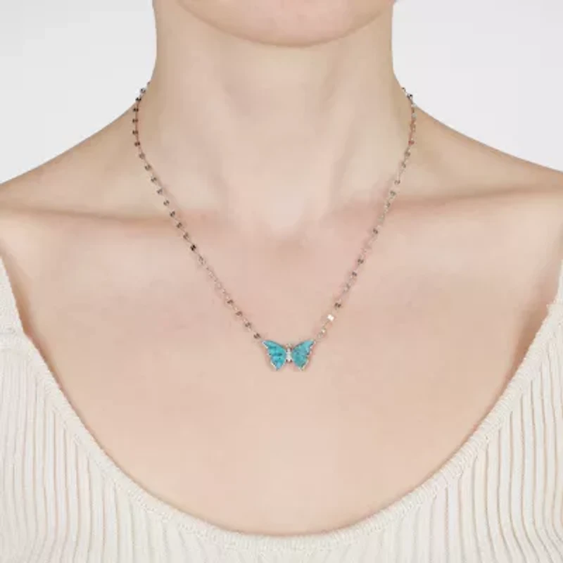 Womens Blue Turquoise Sterling Silver Butterfly 16 Inch Pendant Necklace