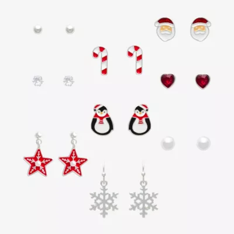 Mixit Silver Tone Merry Era Christmas Womens Multi Color Cubic Zirconia 9 Pair Earring Set