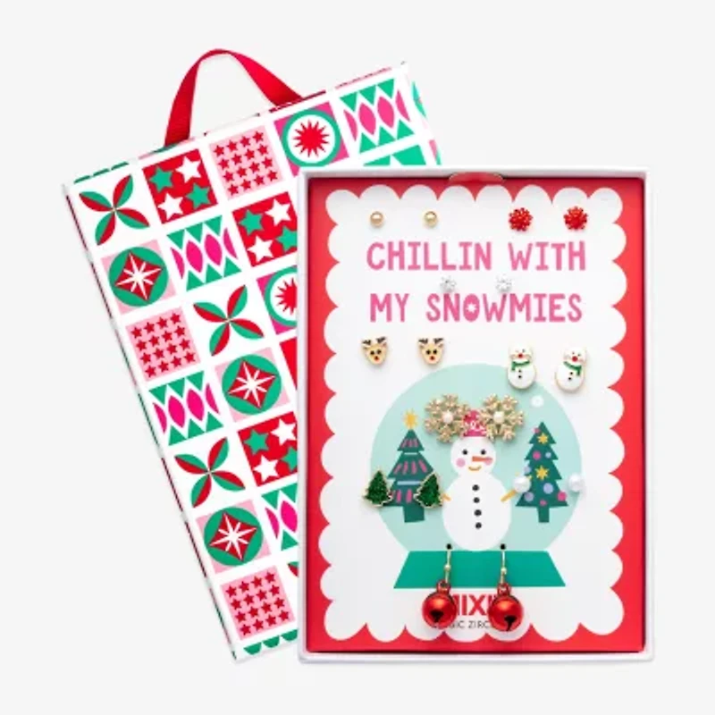 Mixit Gold Tone Chillin With My Snowmies Christmas Womens Multi Color Cubic Zirconia 9 Pair Earring Set