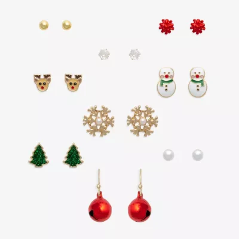 Mixit Gold Tone Chillin With My Snowmies Christmas Womens Multi Color Cubic Zirconia 9 Pair Earring Set