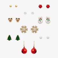 Mixit Gold Tone Chillin With My Snowmies Christmas Womens Multi Color Cubic Zirconia 9 Pair Earring Set