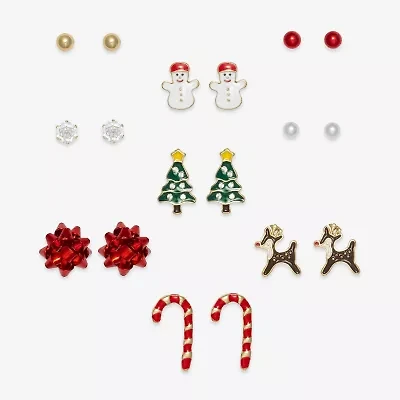 Mixit Gold Tone Feliz Llamada Christmas Womens Multi Color Cubic Zirconia 9 Pair Earring Set