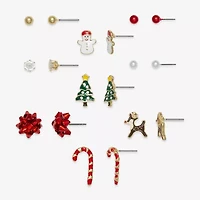 Mixit Gold Tone Feliz Llamada Christmas Womens Multi Color Cubic Zirconia 9 Pair Earring Set