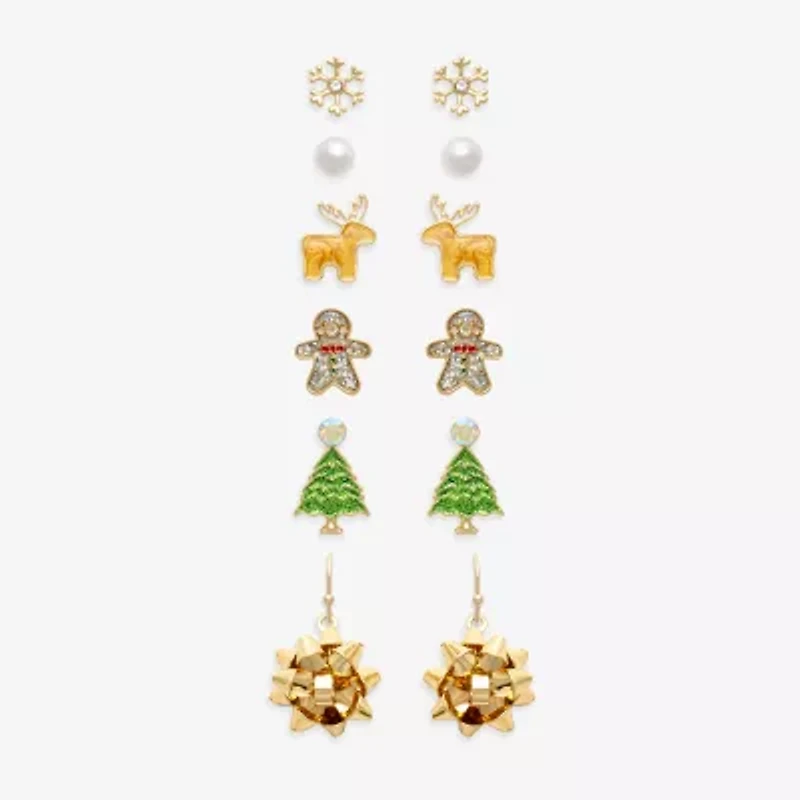 Mixit Gold Tone Christmas Tree & Snowflake Womens Multi Color Glass 6 Pair Earring Set