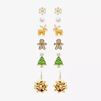 Mixit Gold Tone Christmas Tree & Snowflake Womens Multi Color Glass 6 Pair Earring Set