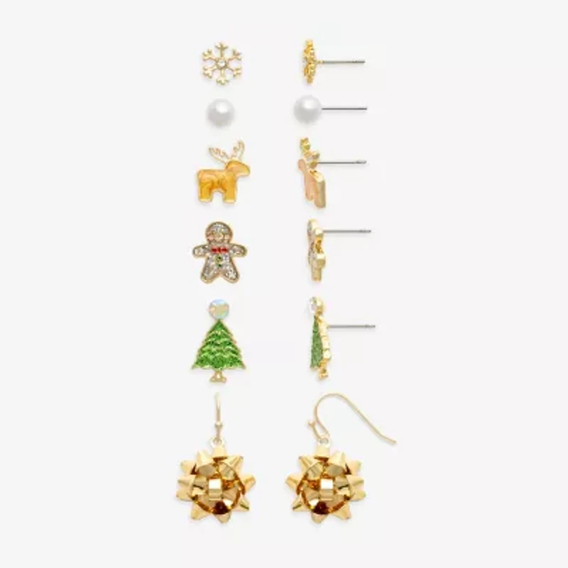 Mixit Gold Tone Christmas Tree & Snowflake Womens Multi Color Glass 6 Pair Earring Set