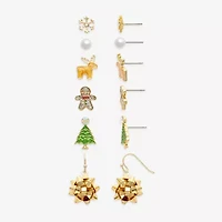 Mixit Gold Tone Christmas Tree & Snowflake Womens Multi Color Glass 6 Pair Earring Set