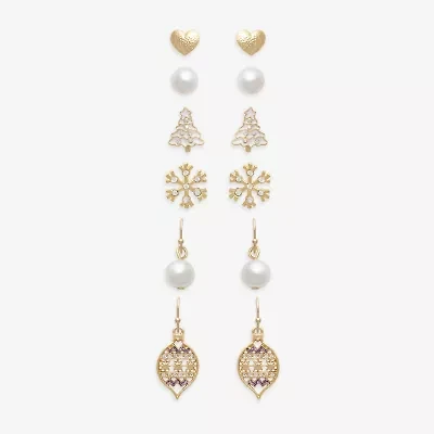 Mixit Gold Tone Heart; Christmas Tree; Ornament; And Snowflake Womens Multi Color Glass 6 Pair Earring Set
