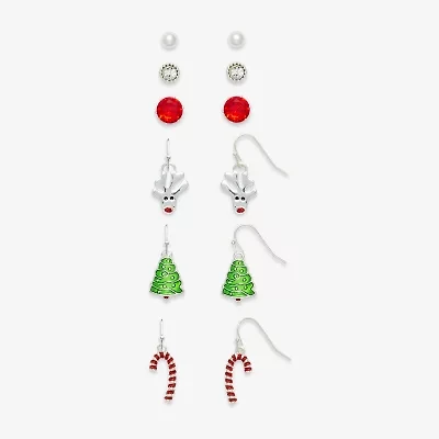 Mixit Silver Tone Reindeer; Christmas Tree & Candy Cane Womens Multi Color Cubic Zirconia 6 Pair Earring Set