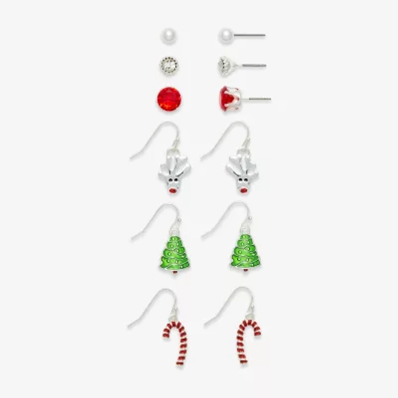 Mixit Silver Tone Reindeer; Christmas Tree & Candy Cane Womens Multi Color Cubic Zirconia 6 Pair Earring Set
