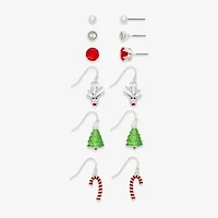 Mixit Silver Tone Reindeer; Christmas Tree & Candy Cane Womens Multi Color Cubic Zirconia 6 Pair Earring Set