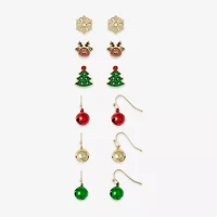 Mixit Gold Tone Snowflake; Christmas Tree; Reindeer & Bells Womens Multi Color Glass 6 Pair Earring Set