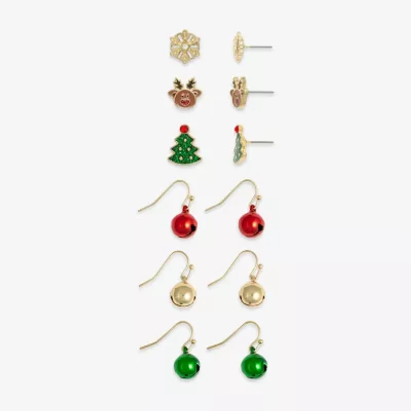 Mixit Gold Tone Snowflake; Christmas Tree; Reindeer & Bells Womens Multi Color Glass 6 Pair Earring Set