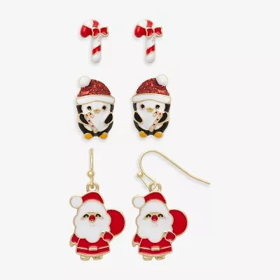 Mixit Gold Tone Candy Cane; Bell & Santa Womens 3 Pair Earring Set