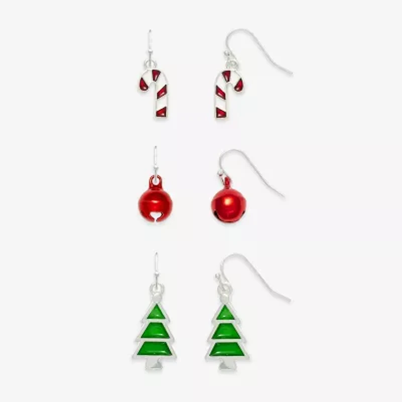 Mixit Silver Tone Bell; Candy Cane & Christmas Tree Womens Multi Color Glass 3 Pair Earring Set