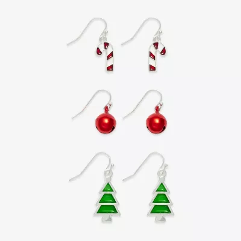 Mixit Silver Tone Bell; Candy Cane & Christmas Tree Womens Multi Color Glass 3 Pair Earring Set