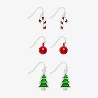 Mixit Silver Tone Bell; Candy Cane & Christmas Tree Womens Multi Color Glass 3 Pair Earring Set