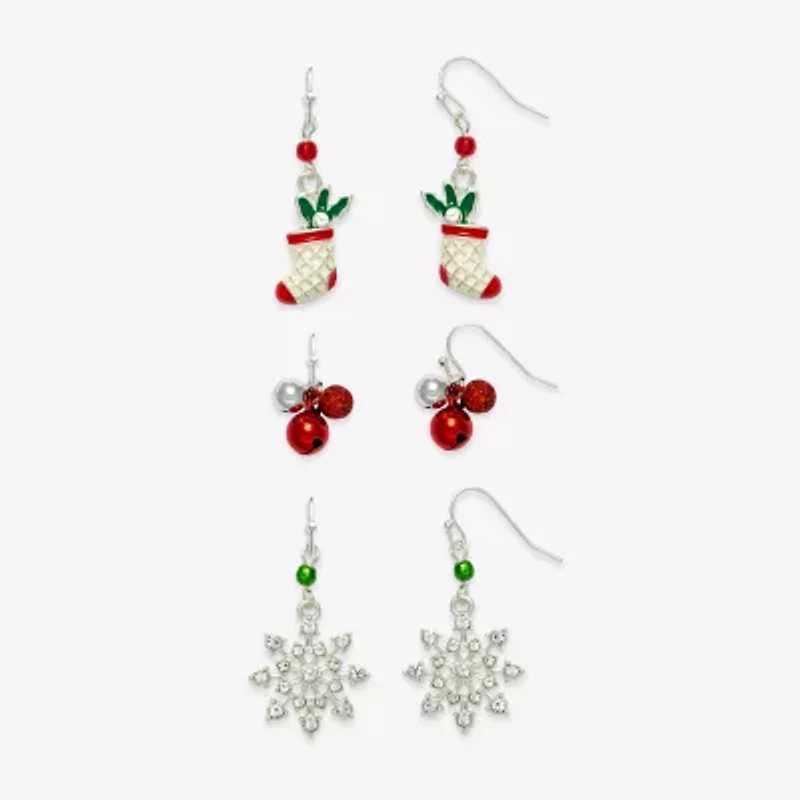 Mixit Silver Tone Bell; Stocking & Snowflake Womens Multi Color Cubic Zirconia 3 Pair Earring Set