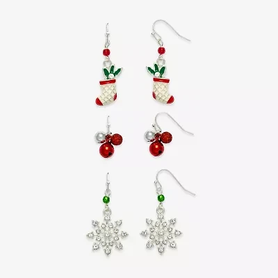 Mixit Silver Tone Bell; Stocking & Snowflake Womens Multi Color Cubic Zirconia 3 Pair Earring Set