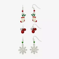 Mixit Silver Tone Bell; Stocking & Snowflake Womens Multi Color Cubic Zirconia 3 Pair Earring Set