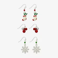 Mixit Silver Tone Bell; Stocking & Snowflake Womens Multi Color Cubic Zirconia 3 Pair Earring Set