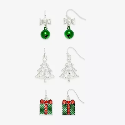 Mixit Silver Tone Bell; Present & Christmas Tree Womens Multi Color Glass 3 Pair Earring Set