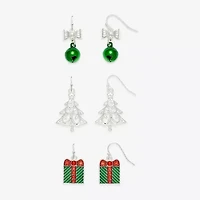 Mixit Silver Tone Bell; Present & Christmas Tree Womens Multi Color Glass 3 Pair Earring Set