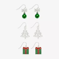 Mixit Silver Tone Bell; Present & Christmas Tree Womens Multi Color Glass 3 Pair Earring Set