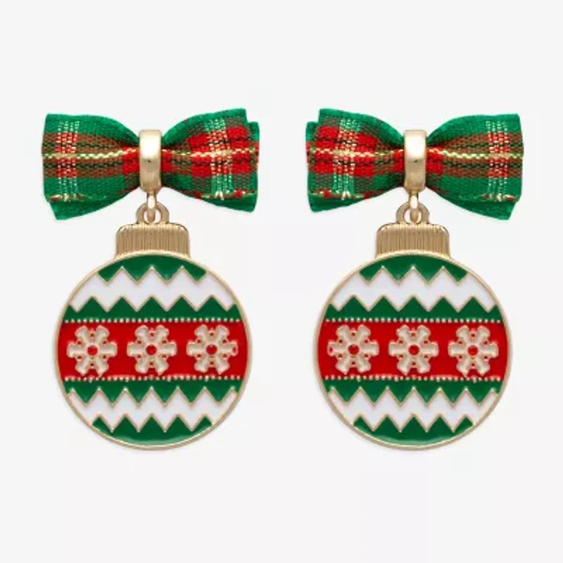 Mixit Holiday Bow And Ornament Multi Color Glass Stainless Steel 22.4mm Stud Earrings