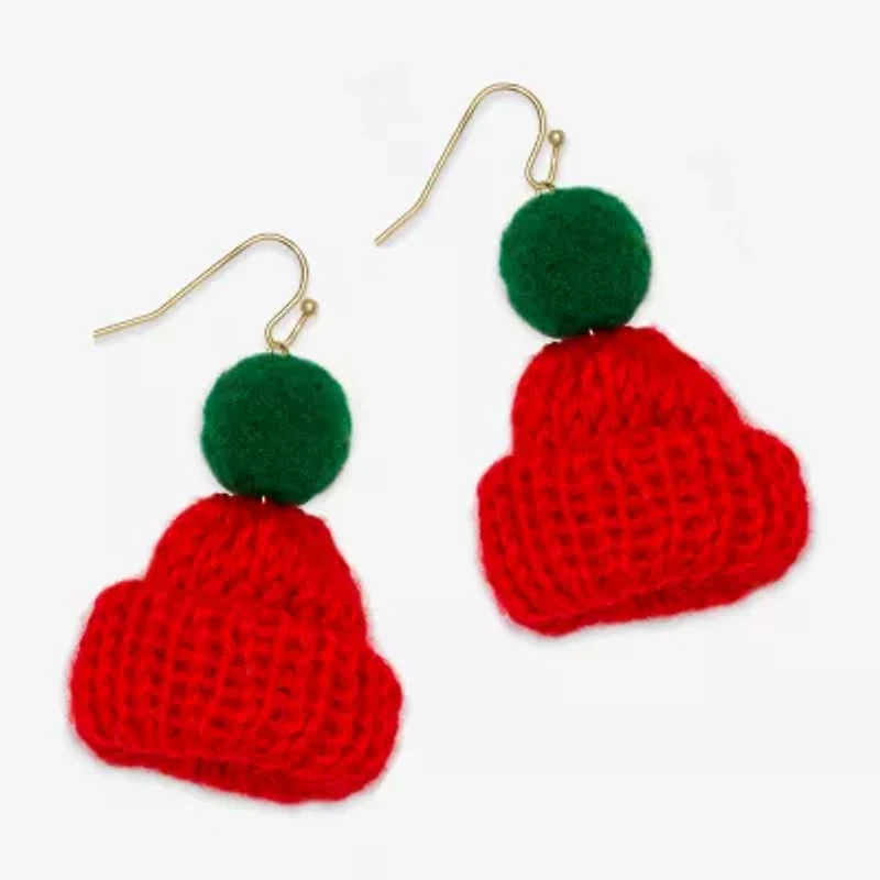 Mixit Red & Green Winter Knit Hat Womens Drop Earrings