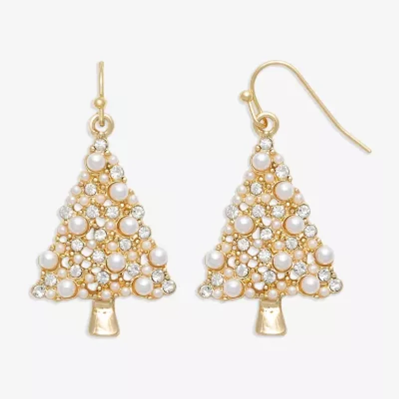 Mixit Gold Tone And Pearl Christmas Tree Womens Multi Color Glass Stainless Steel Drop Earrings