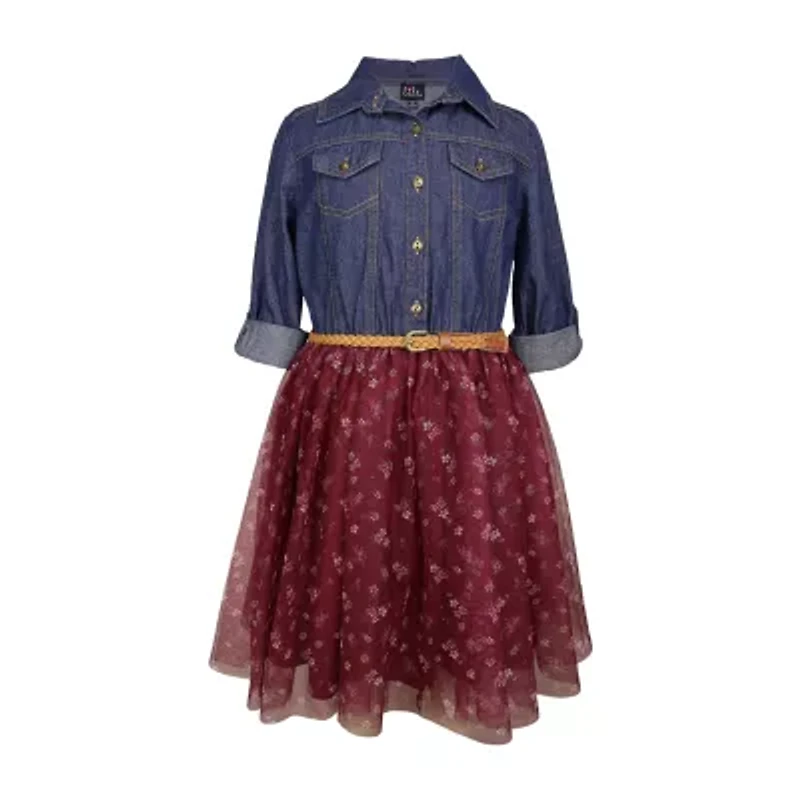 Lilt Little & Big Kid Girls Long Sleeve Midi Floral Shirt Dress