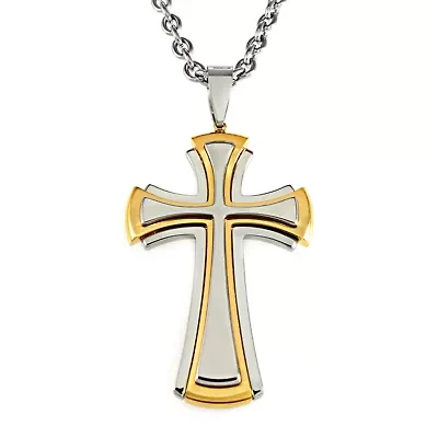 Mens Two-Tone Stainless Steel Cross Pendant Necklace