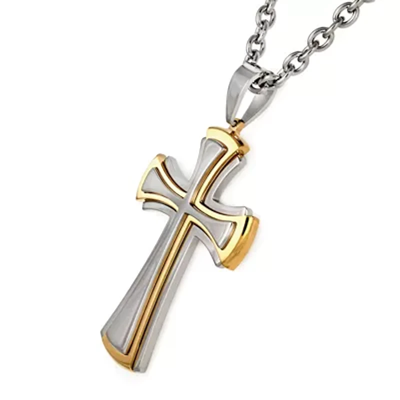 Mens Two-Tone Stainless Steel Cross Pendant Necklace