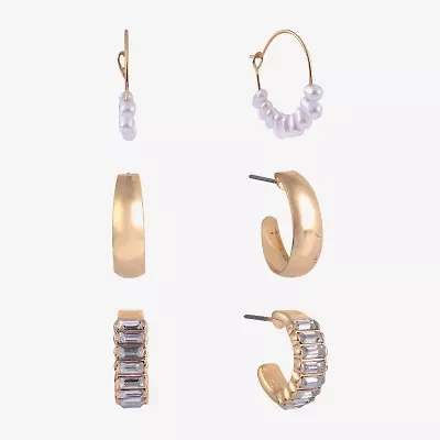 Arizona Gold Tone Womens Simulated Pearl 3 Pair Earring Set