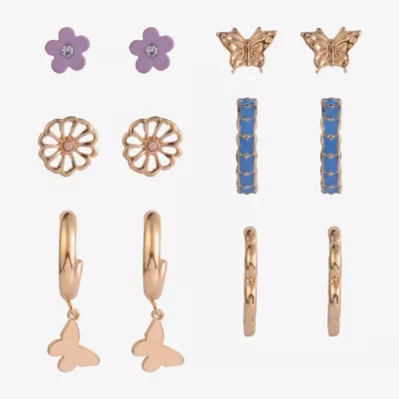 Arizona Gold Tone Womens Butterfly Flower 6 Pair Earring Set