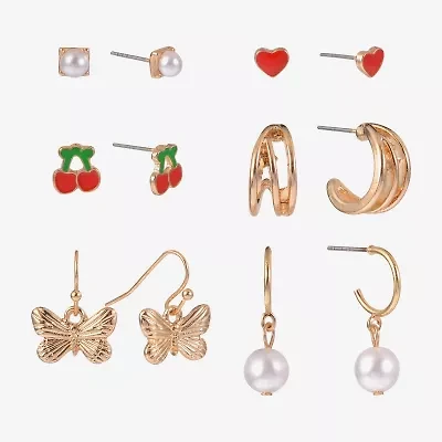 Arizona Womens Butterfly Cherries Heart 6 Pair Earring Set