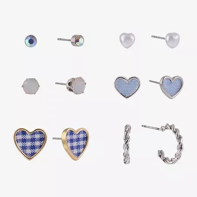 Arizona Blue Gingham Womens Heart 6 Pair Earring Set