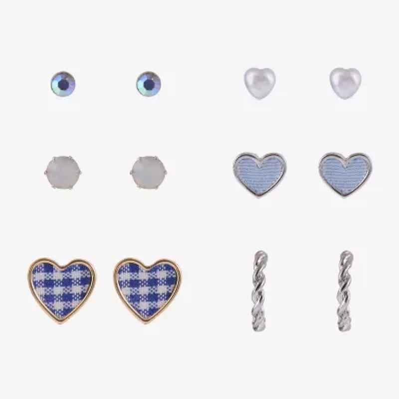 Arizona Blue Gingham Womens Heart 6 Pair Earring Set