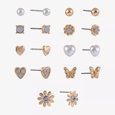 Arizona Gold Tone Daisy Womens Glass Butterfly Flower Heart 9 Pair Earring Set