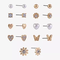 Arizona Gold Tone Daisy Womens Glass Butterfly Flower Heart 9 Pair Earring Set