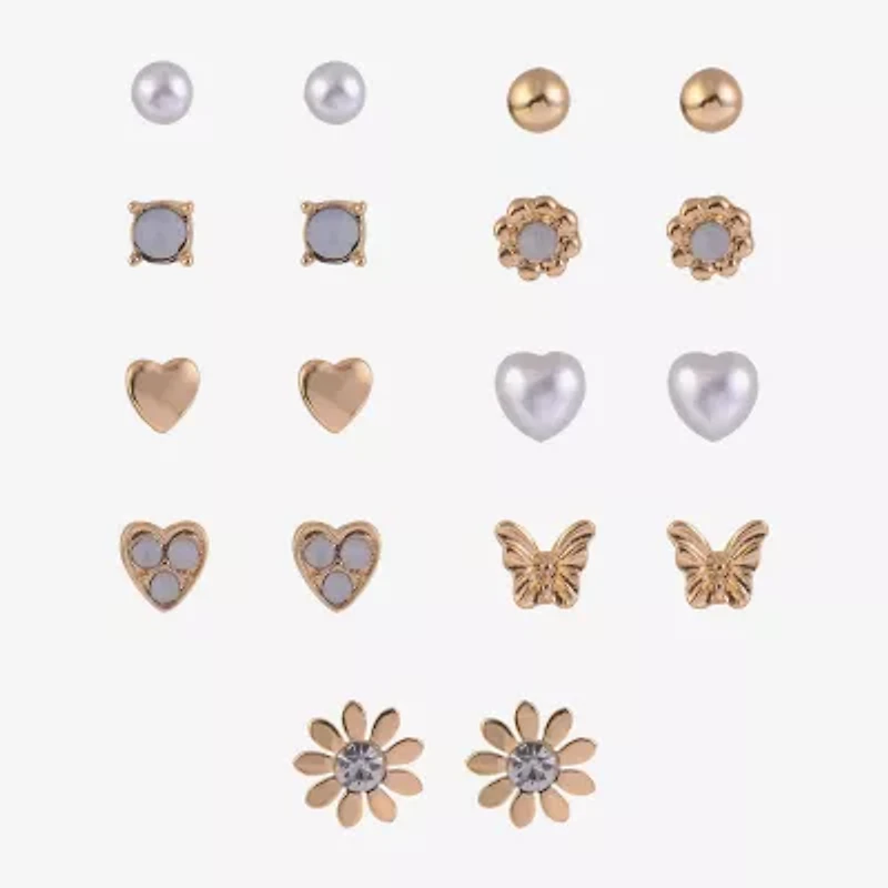 Arizona Gold Tone Daisy Womens Glass Butterfly Flower Heart 9 Pair Earring Set