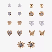 Arizona Gold Tone Daisy Womens Glass Butterfly Flower Heart 9 Pair Earring Set