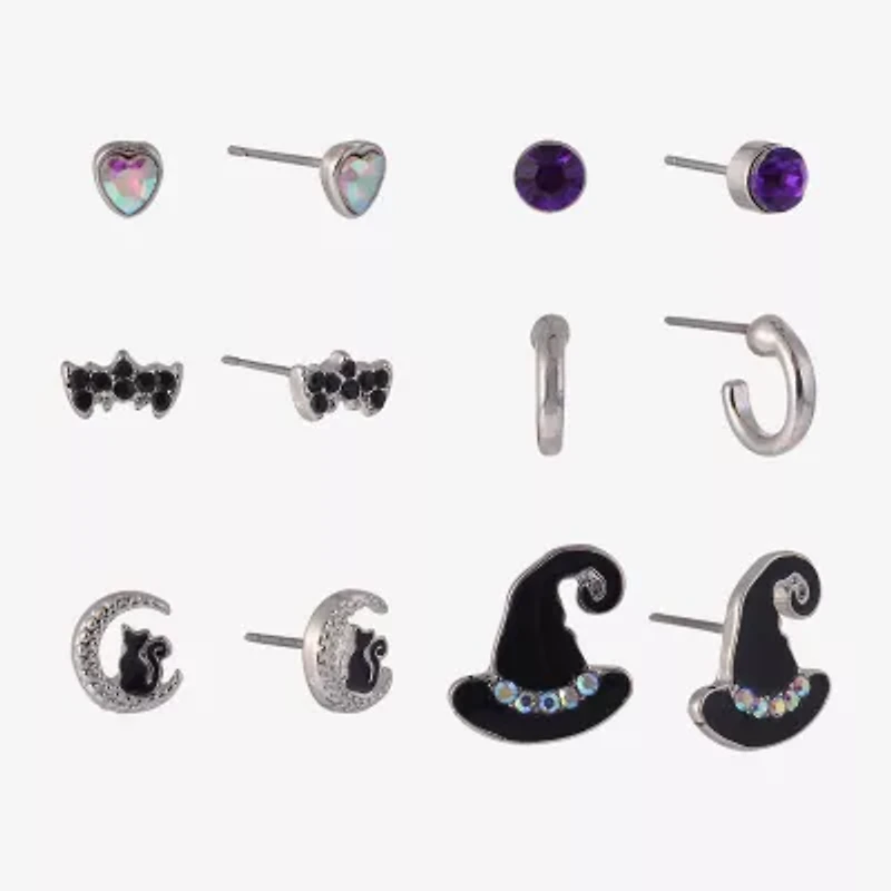 Arizona Halloween Silver Tone Womens Purple Glass 6 Pair Earring Set