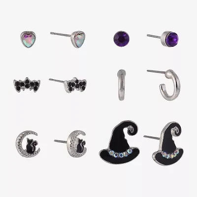 Arizona Halloween Silver Tone Womens Purple Glass 6 Pair Earring Set