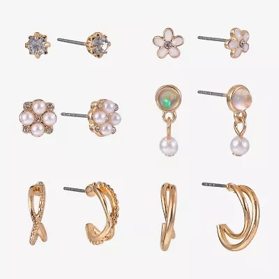 Arizona Gold Tone & Pearl Girls Flower 6 Pair Earring Set