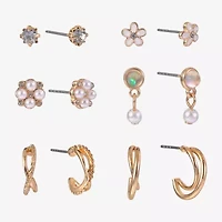 Arizona Gold Tone & Pearl Girls Flower 6 Pair Earring Set