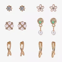 Arizona Gold Tone & Pearl Girls Flower 6 Pair Earring Set