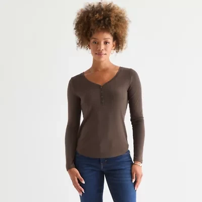 a.n.a Womens Henley Neck Long Sleeve T-Shirt