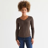 a.n.a Womens Henley Neck Long Sleeve T-Shirt